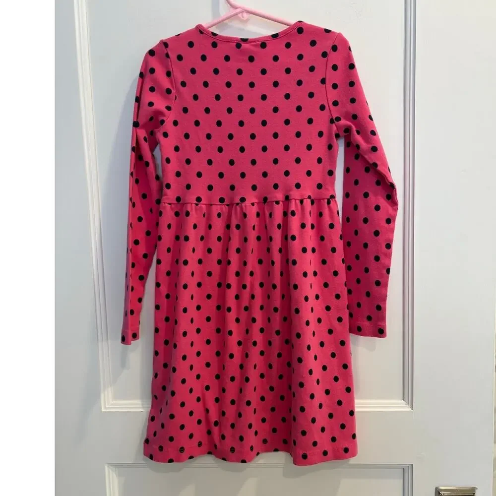 Mini Boden Size 7 - 8 Pink Dress with Blue Polka Dots Ruffle Neckline - Picture 2 of 5